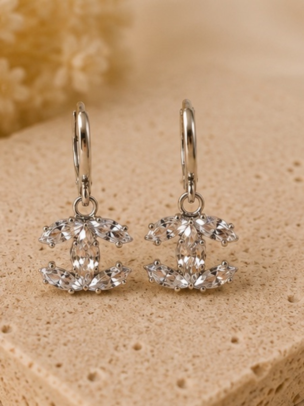 Designer Inspired Crystal Charm Huggie Hoop Earrings Silver